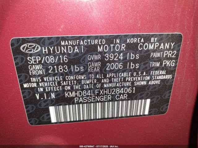KMHD84LFXHU284061 Hyundai 2017
