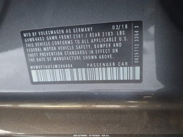 WVWVF7AU7JW204484 Volkswagen 2018