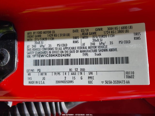 Ford 5.0l 4v 2019 1FTEW1C59KKD24282 Image 9