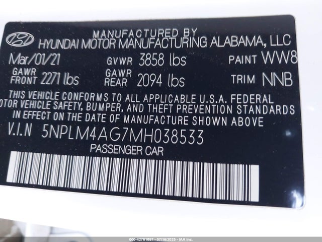 5NPLM4AG7MH038533 Hyundai mpi nu pe