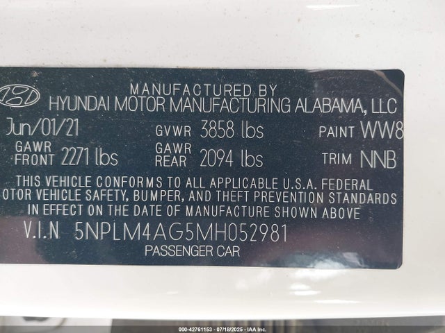5NPLM4AG5MH052981 Hyundai mpi nu pe