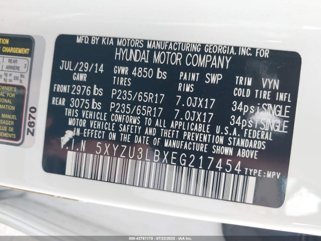 5XYZU3LBXEG217454 Hyundai gdi theta