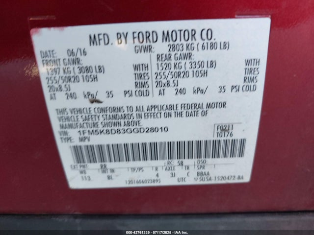 1FM5K8D83GGD28010 Ford Explorer