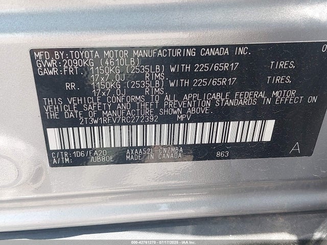 2T3W1RFV7RC272392 Toyota a25a-fks