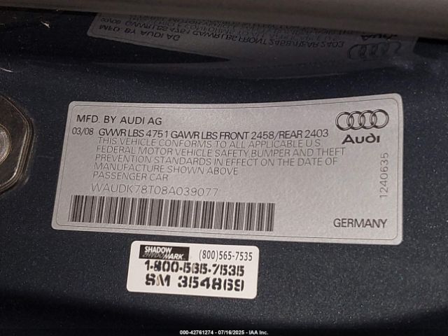 2008 AUDI A5 WAUDK78T08A039077 Photo 8