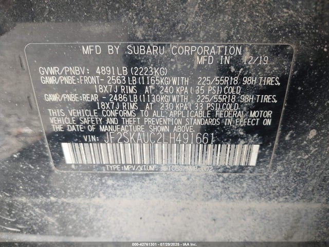 Subaru naturally aspirated u5 2020 JF2SKAUC2LH491661 Image 9