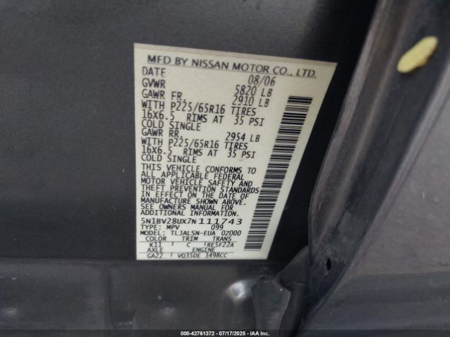 2007 NISSAN QUEST 5N1BV28UX7N111743 Photo 8