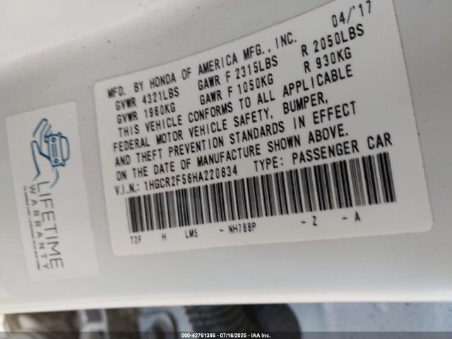 Honda k24w1 2017 1HGCR2F56HA220834 Image 9