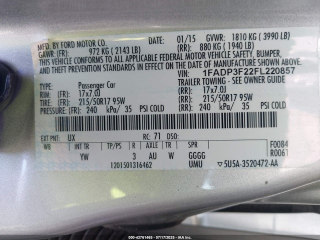 Ford 2015 2015 1FADP3F22FL220857 Image 9