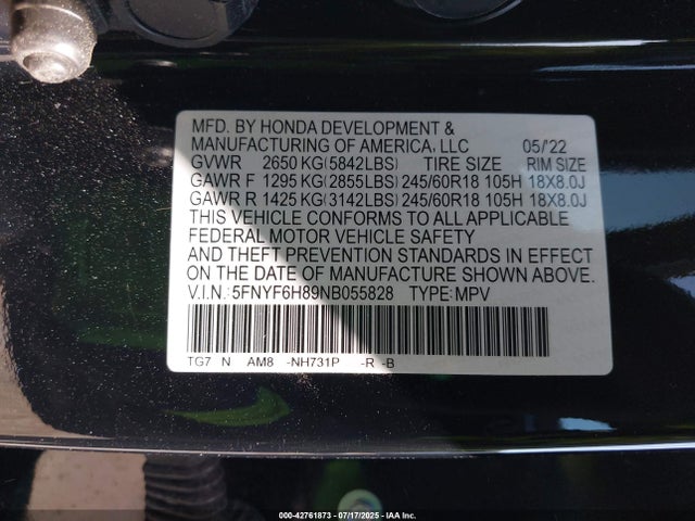 5FNYF6H89NB055828 Honda j35y6