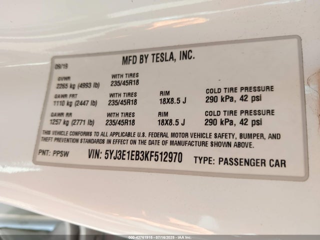 2019 TESLA MODEL 3 5YJ3E1EB3KF512970 Photo 8