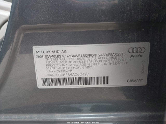 2004 AUDI A4 WAULC68E84A062427 Photo 8