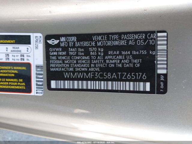 2010 MINI COOPER WMWMF3C58ATZ65176 Photo 8