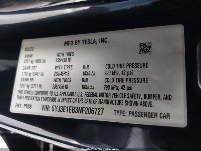 2022 TESLA MODEL 3 5YJ3E1EB3NF206727 Photo 8