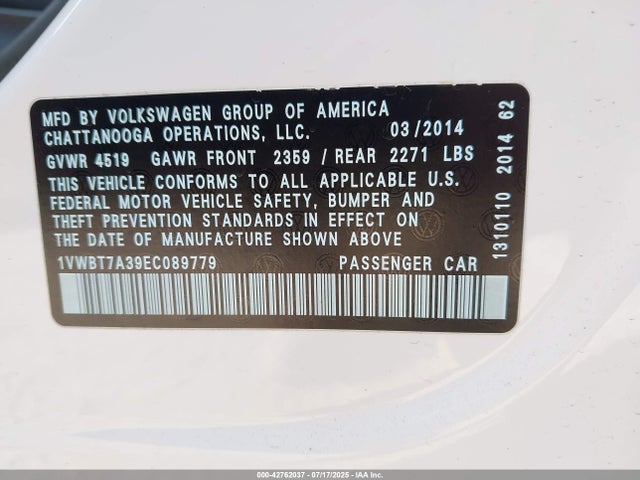 1VWBT7A39EC089779 Volkswagen Passat