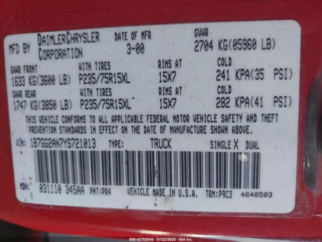 2000 DODGE DAKOTA 1B7GG2AN7YS721013 Photo 8