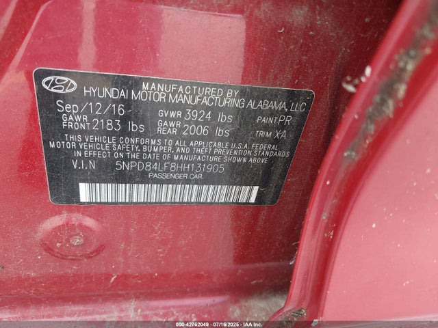 5NPD84LF8HH131905 Hyundai 2017