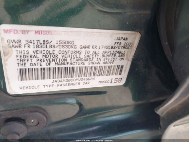 2000 MITSUBISHI MIRAGE JA3AY26C0YU046084 Photo 8