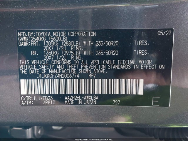 JTJKKCFZ4N2006774 Lexus a25a-fxs, 5nm+4nm