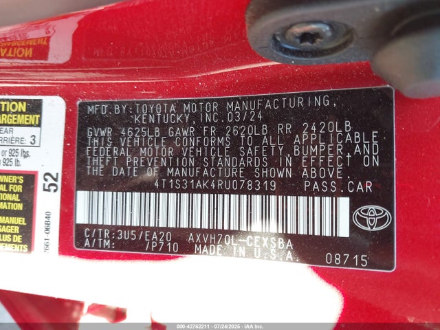 4T1S31AK4RU078319 Toyota a25a-fxs