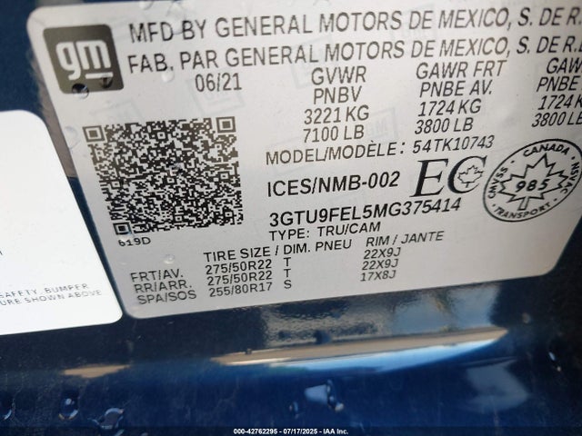 3GTU9FEL5MG375414 GMC l87 - di dfm, alum, gen 5