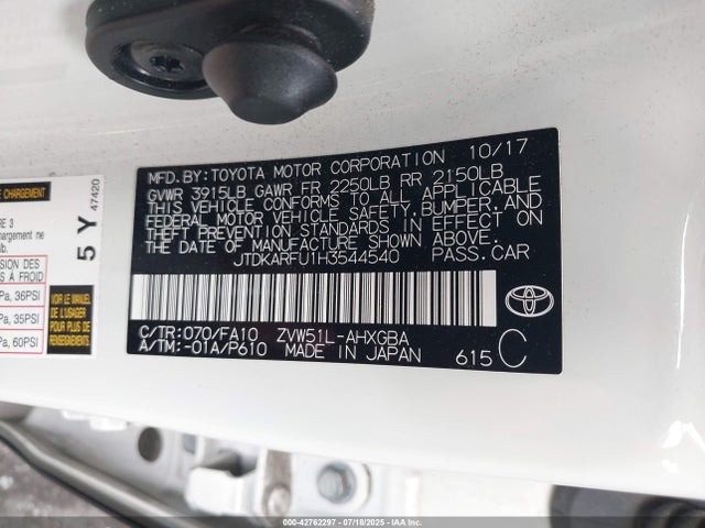 JTDKARFU1H3544540 Toyota 2zr-fxe,1nm