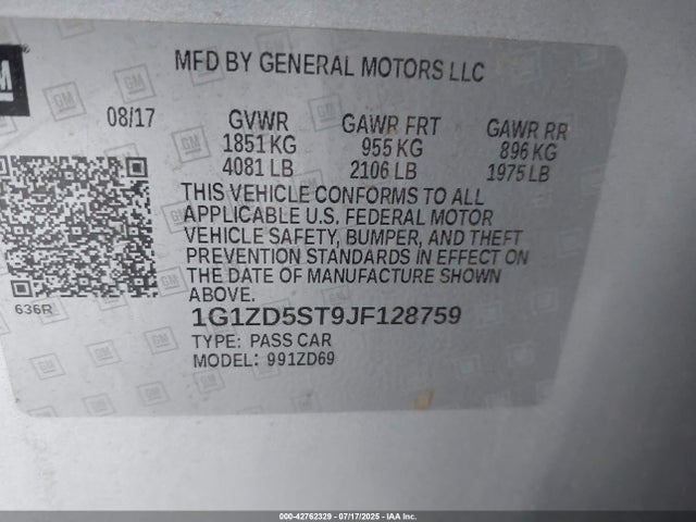 1G1ZD5ST9JF128759 Chevrolet lfv - direct injection, variable valve timing, gen 1
