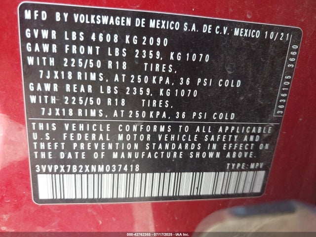 3VVPX7B2XNM037418 Volkswagen Taos