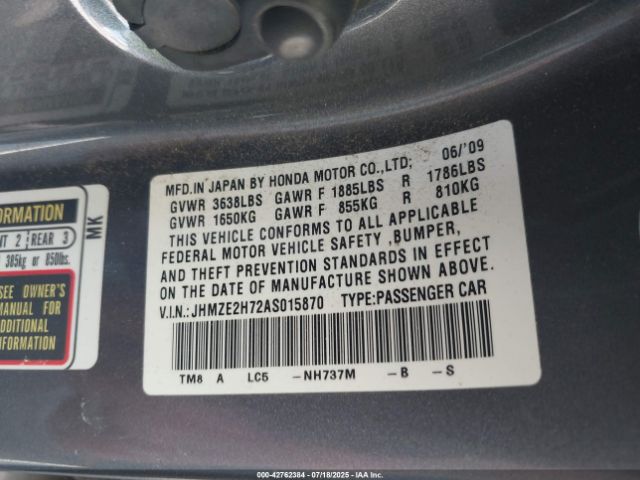 2010 HONDA INSIGHT JHMZE2H72AS015870 Photo 8