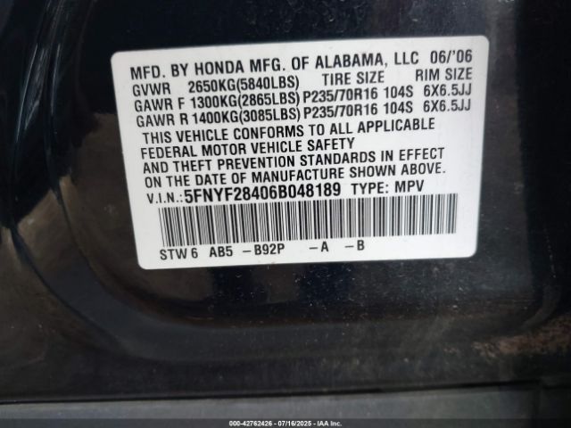 2006 HONDA PILOT 5FNYF28406B048189 Photo 8
