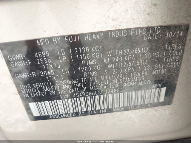 Subaru 2.5l u5 2015 4S4BSAHC8F3248832 Image 9