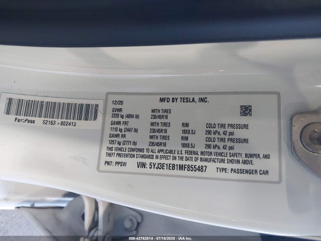 2021 TESLA MODEL 3 5YJ3E1EB1MF855487 Photo 8