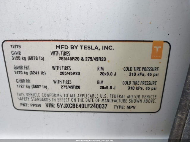 2020 TESLA MODEL X 5YJXCBE40LF240037 Photo 8