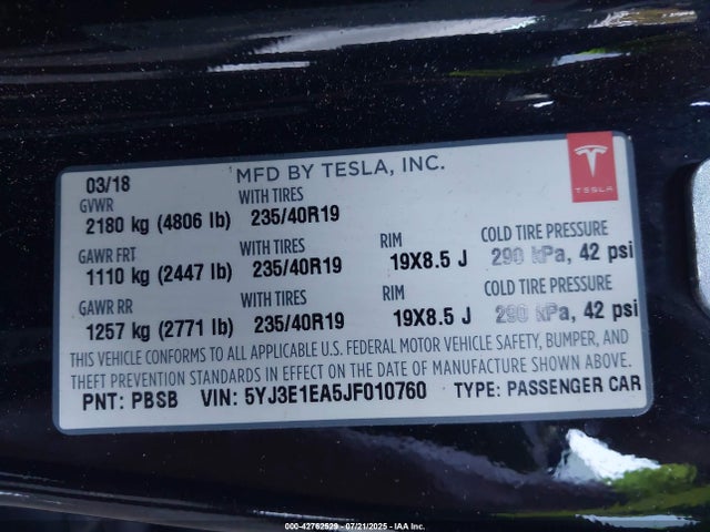 2018 TESLA MODEL 3 5YJ3E1EA5JF010760 Photo 8