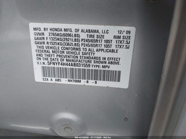2010 Honda Pilot Ex მანქანა იყიდება აუქციონზე, vin: 5FNYF4H44AB031559, აუქციონის ნომერი: 42762550