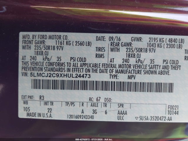 5LMCJ2C9XHUL24473 Lincoln 2.0l ecoboost