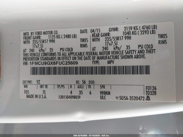 1FMCU9GX6FUC25609 Ford 2015