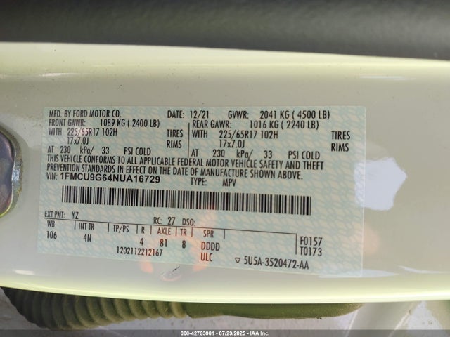 1FMCU9G64NUA16729 Ford dragon di tc