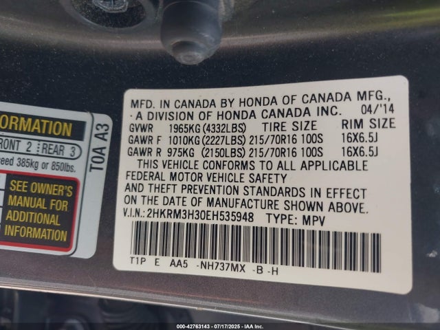 Honda k24z7 2014 2HKRM3H30EH535948 Image 9