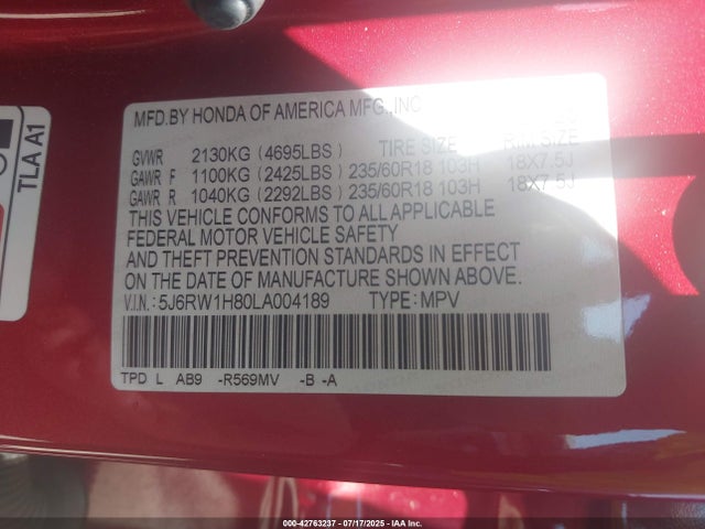 5J6RW1H80LA004189 Honda l15be