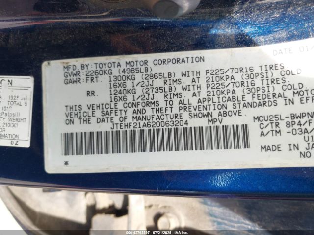2002 TOYOTA HIGHLANDER JTEHF21A620063204 Photo 8