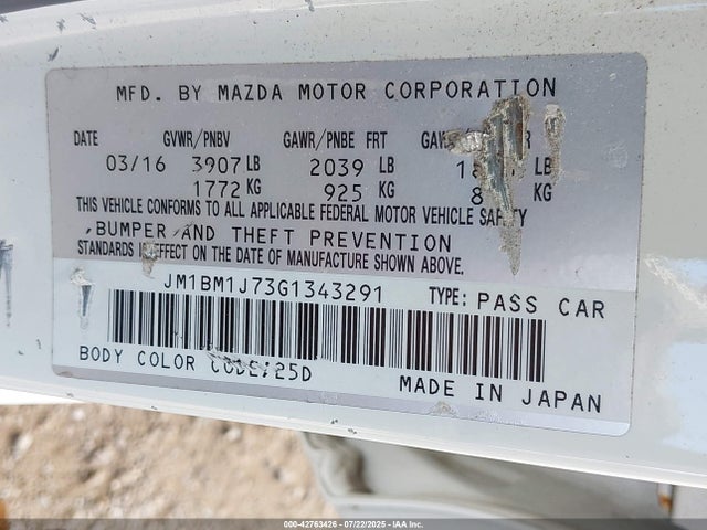 Aukcja sprzedaży 2016 Mazda Mazda3 I Sport, vin: JM1BM1J73G1343291, numer aukcji: 42763426