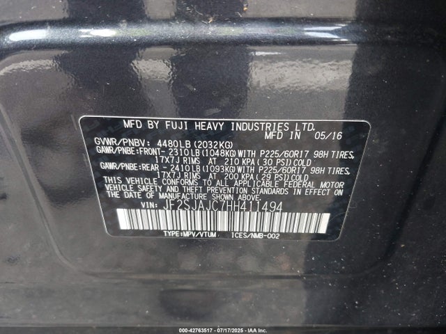Subaru naturally aspirated u5 2017 JF2SJAJC7HH411494 Image 9