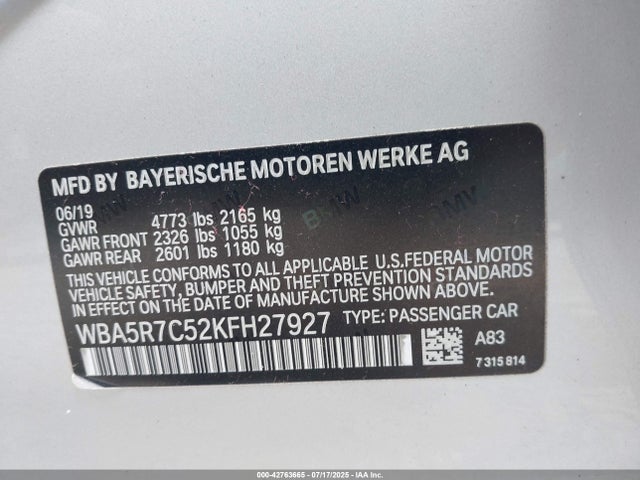 WBA5R7C52KFH27927 BMW 2019