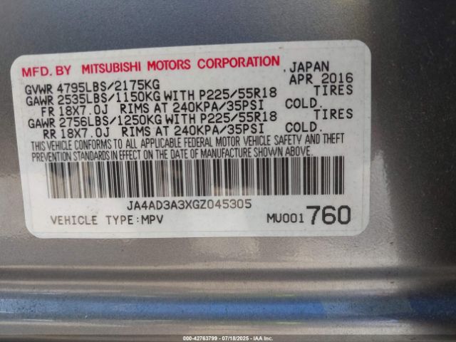 2016 MITSUBISHI OUTLANDER JA4AD3A3XGZ045305 Photo 8