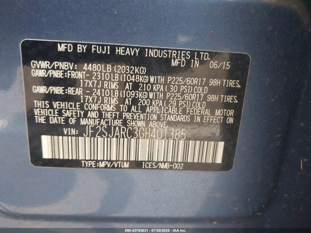 Subaru naturally aspirated u5 2016 JF2SJARC3GH401385 Image 9