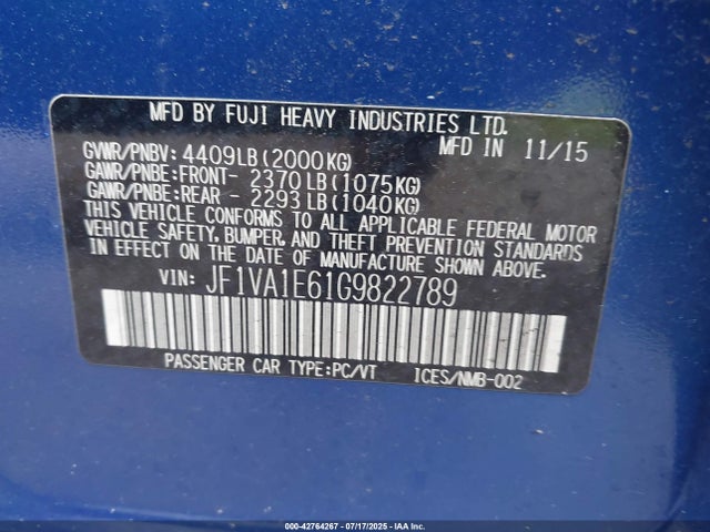 JF1VA1E61G9822789 Subaru 2.0 dib turbo