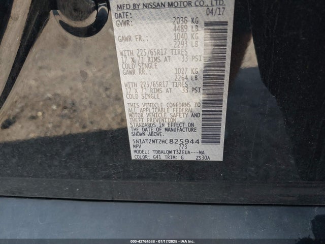 2017 Nissan Rogue Sv მანქანა იყიდება აუქციონზე, vin: 5N1AT2MT2HC825944, აუქციონის ნომერი: 42764588
