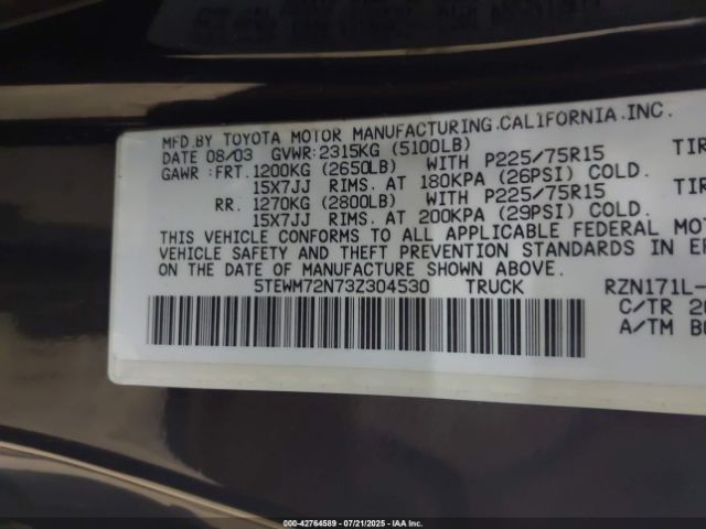 2003 TOYOTA TACOMA 5TEWM72N73Z304530 Photo 8