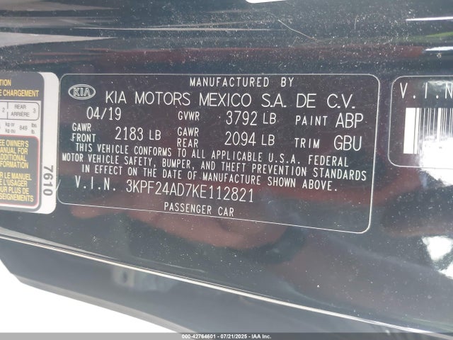 3KPF24AD7KE112821 KIA mpi nu